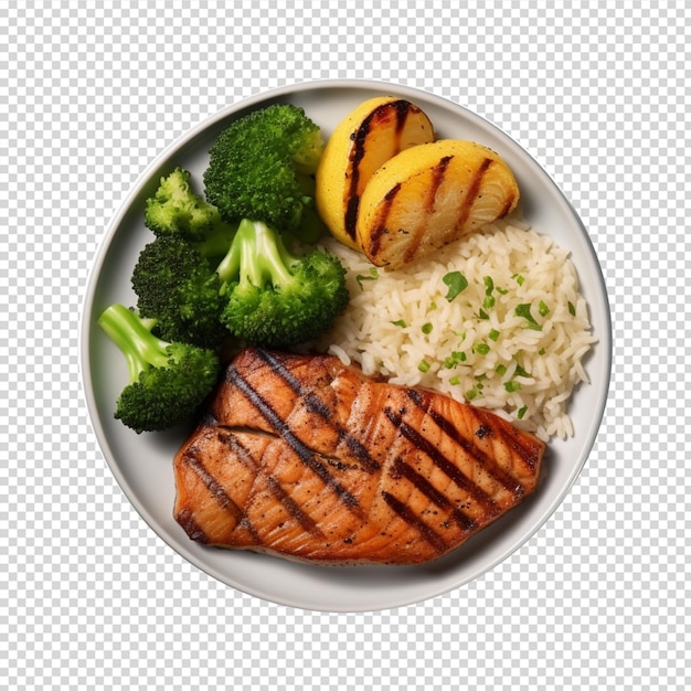 Plate of grilled salmon steak rice and vegetables isolate on white