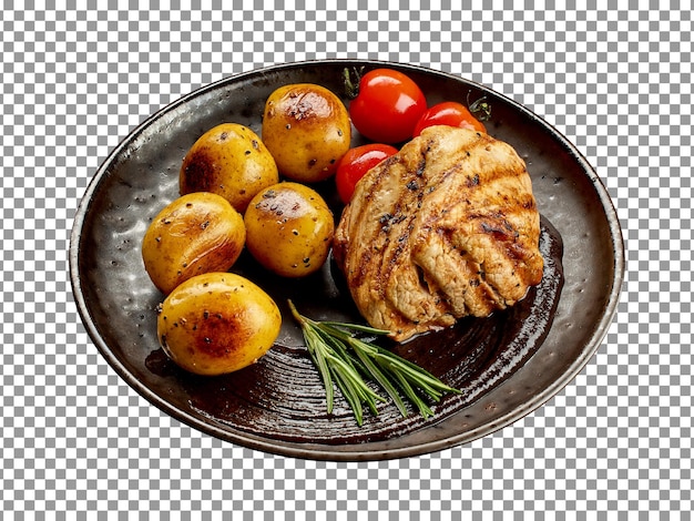 PSD plate of grilled steak with potatoes on transparent background