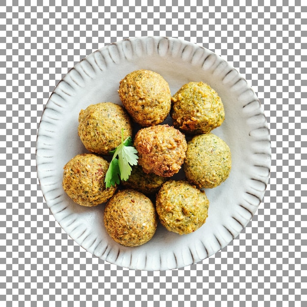 A plate of homemade falafels on a plate with transparent background