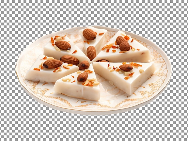 PSD plate of indian sweet kaju katli dish isolated on transparent background