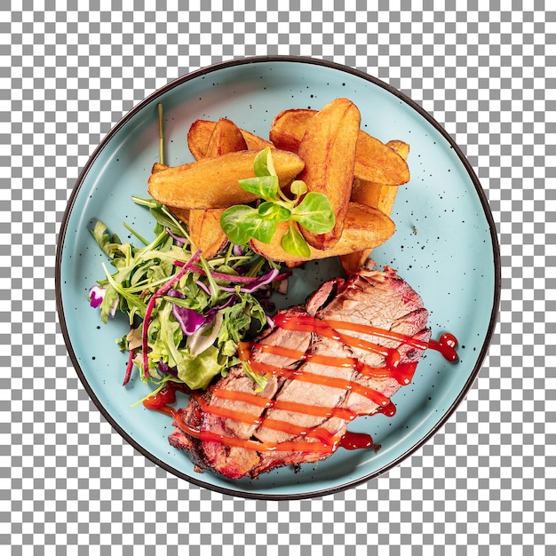 PSD a plate of juicy grilled pork steak isolated on transparent background