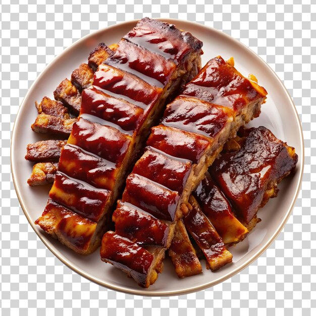 PSD plate of loaded bbq ribs with barbecue sauce isolated on transparent background