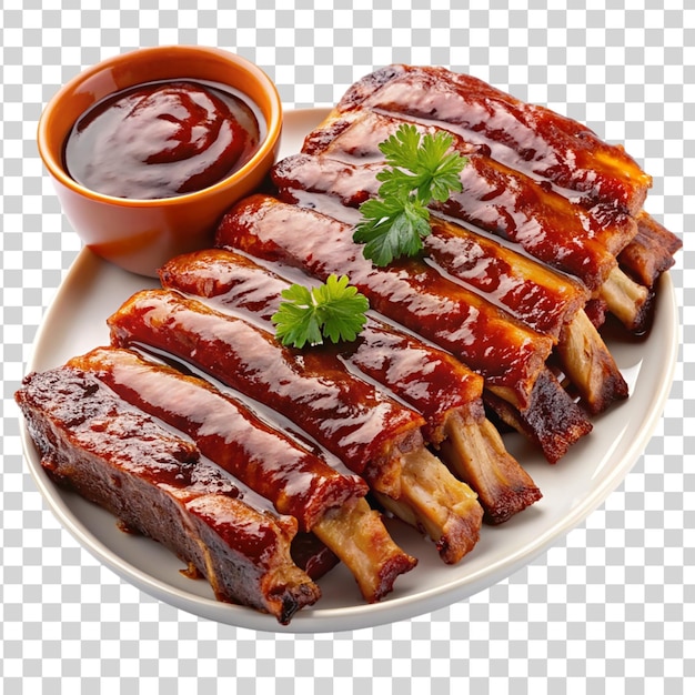 PSD plate of loaded bbq ribs with barbecue sauce isolated on transparent background