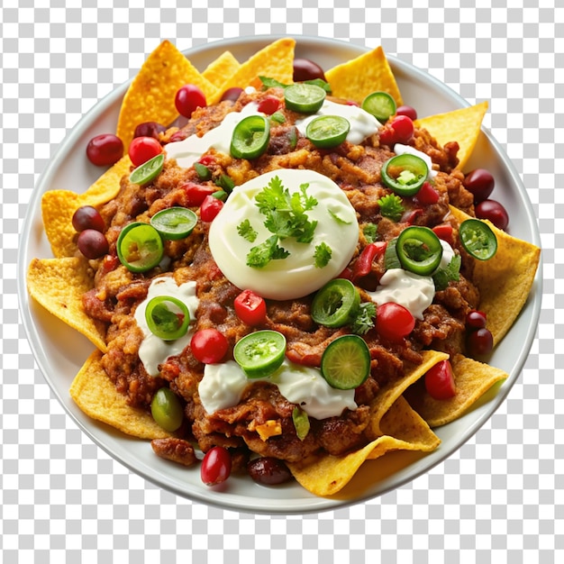 PSD plate of loaded chili cheese nachos with sour isolated on transparent background