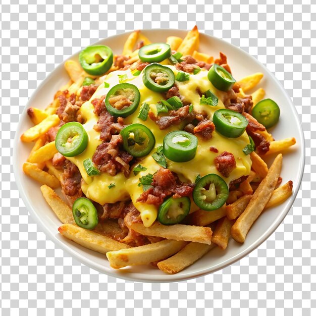 PSD plate of loaded chili cheese nachos with sour isolated on transparent background