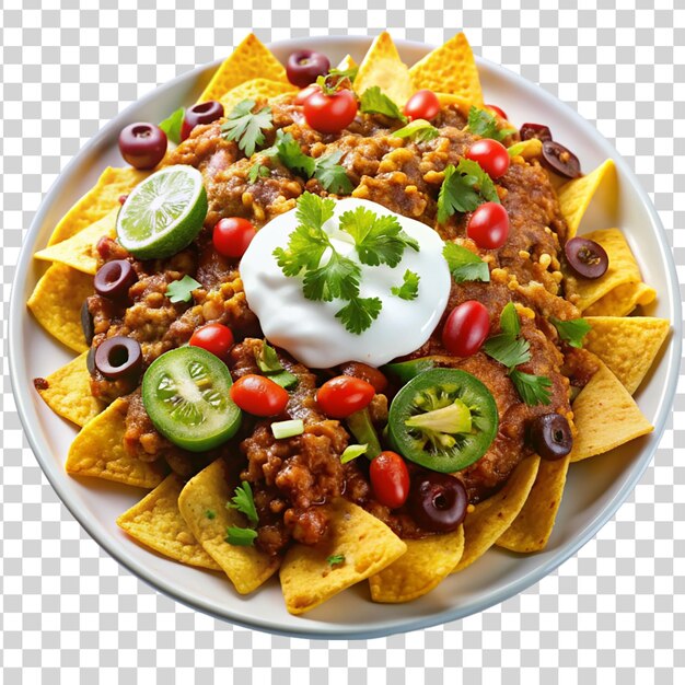 PSD plate of loaded chili cheese nachos with sour isolated on transparent background