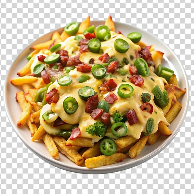 Plate of loaded chili cheese nachos with sour isolated on transparent background