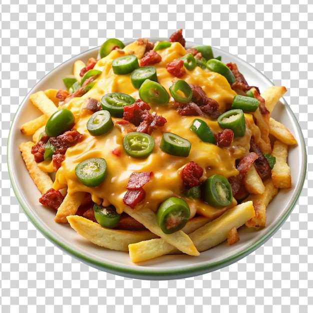 PSD plate of loaded chili cheese nachos with sour isolated on transparent background