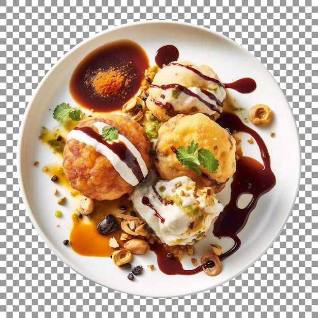 PSD plate of loaded dahi vada dish isolated on transparent background