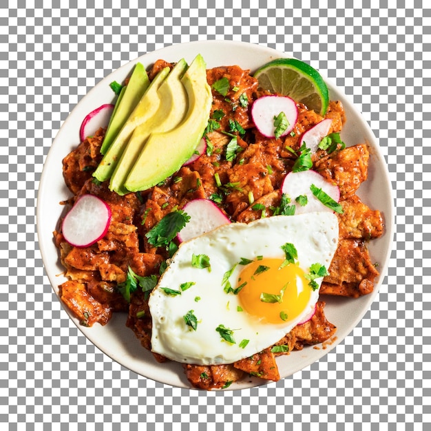 PSD plate of mexican food with a fried egg and avocado on transparent background