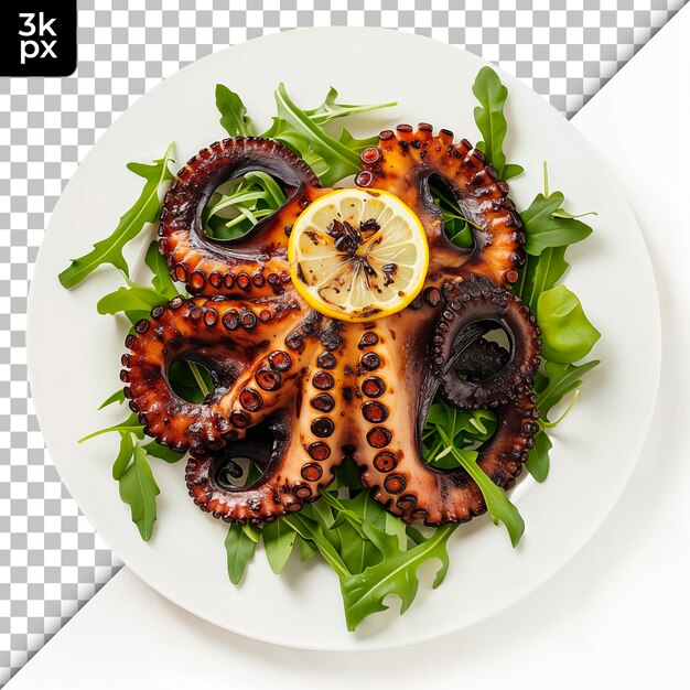 A plate of octopus with a lemon on it