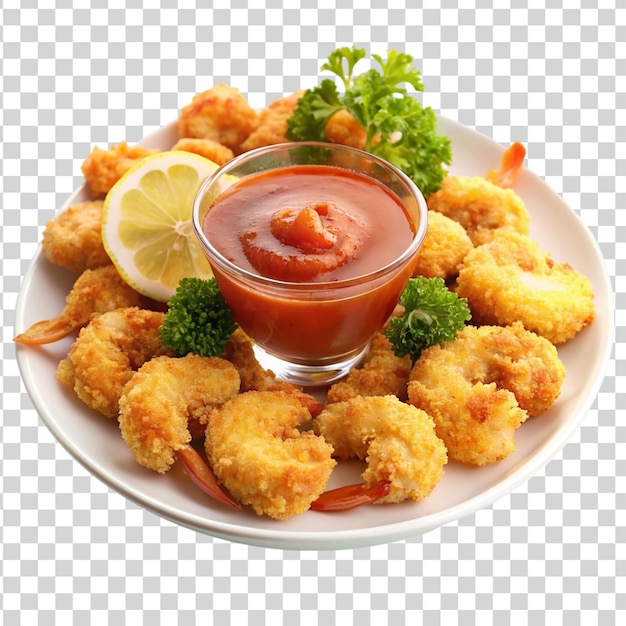 PSD plate of breaded shrimp isolated on transparent background