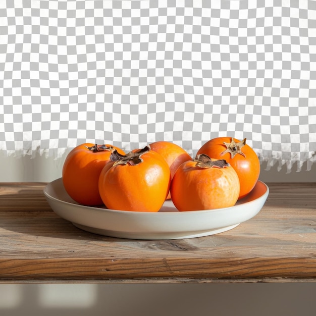 PSD a plate of orange pumpkins on a wooden table with a white background with a white checkered wall behind them