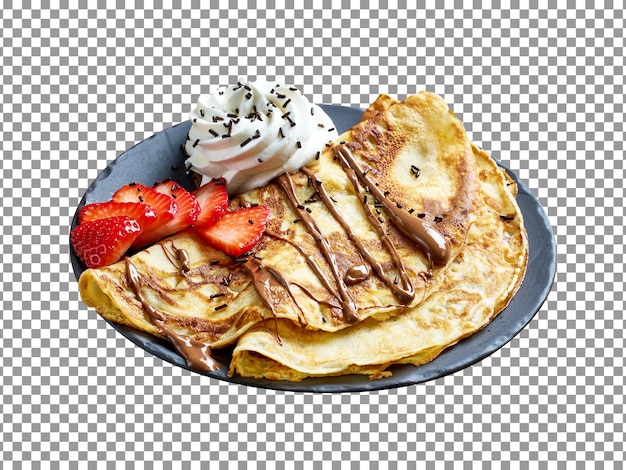 A plate of pancakes with whipped cream and chocolate on transparent background