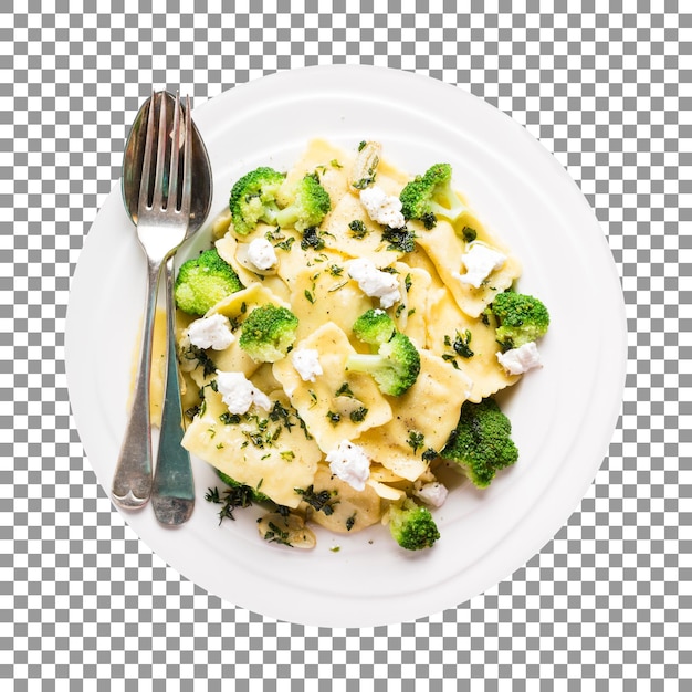 PSD piatto di pasta con broccoli e formaggio su sfondo trasparente