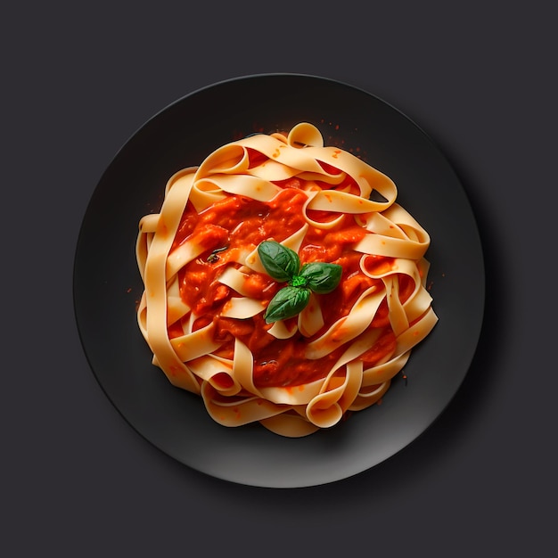 PSD a plate of pasta with a tomato sauce and basil on it.