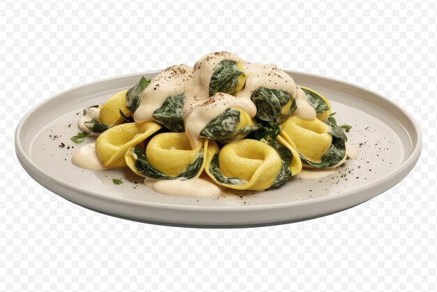 a plate of pasta with a white plate with a green leaf on it