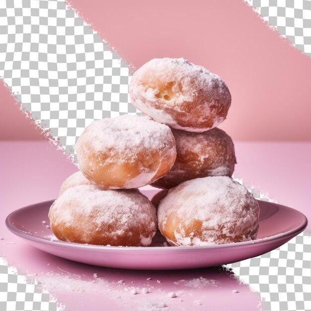 A plate of powdered sugar is on a pink table.