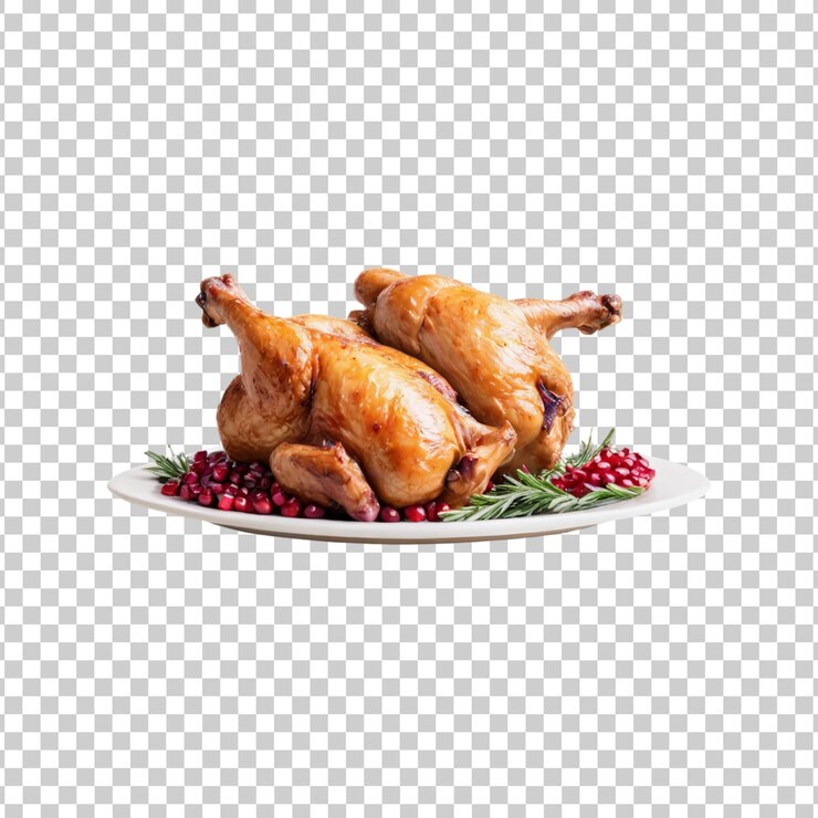 PSD plate of roasted chicken with pomegranate seeds and rosemary on it