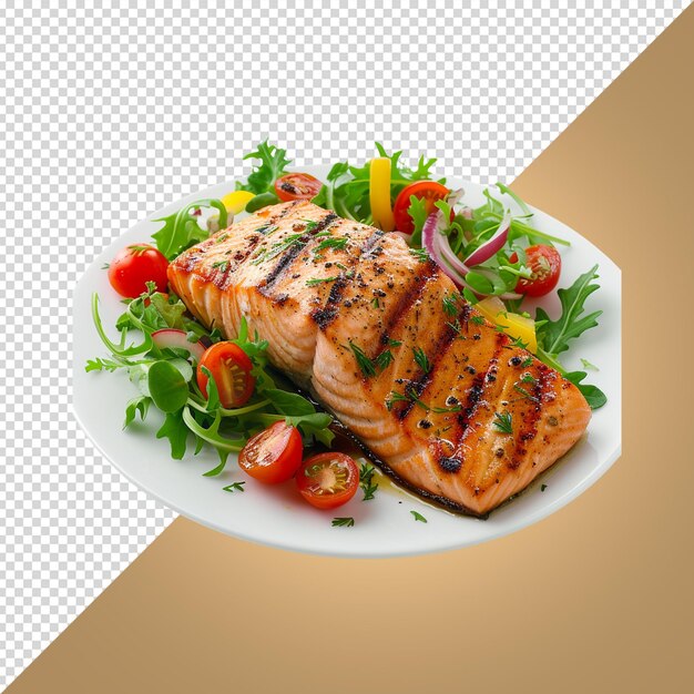 A plate of salmon and vegetables with a white background