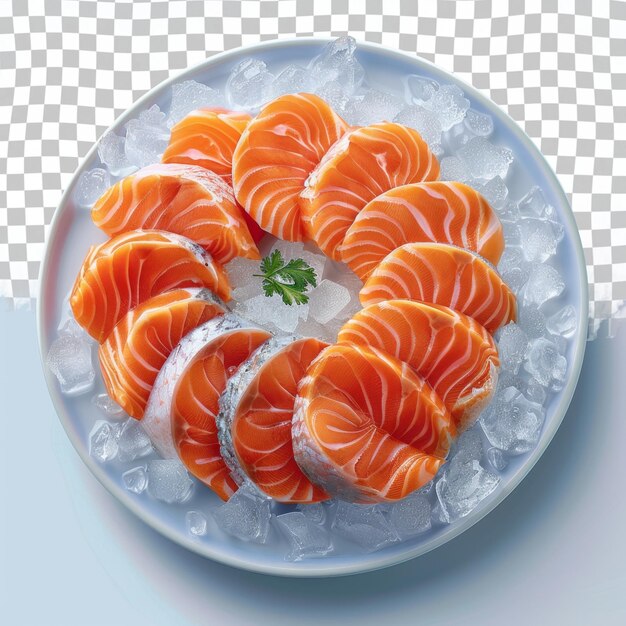 PSD a plate of salmon with a green garnish on top of it