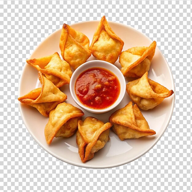 PSD a plate of samosas with sauce isolated on transparent background