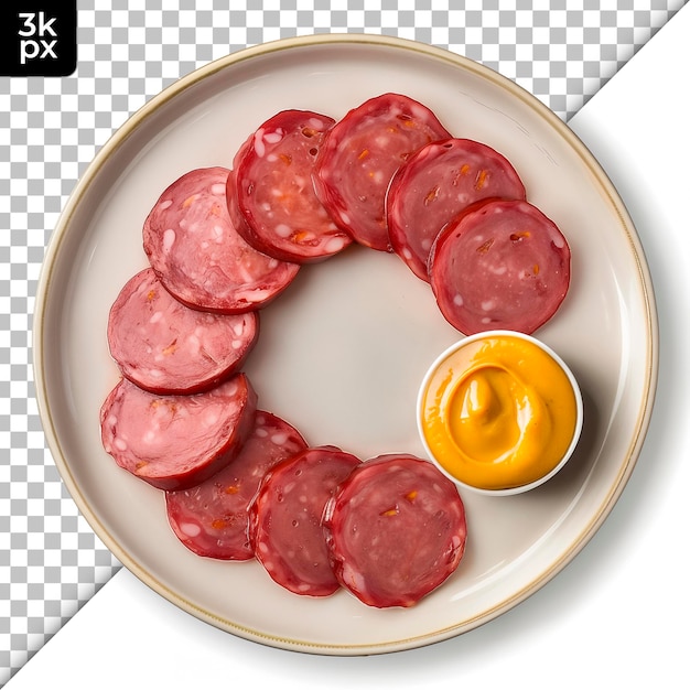 PSD a plate of sausages and a container of mustard