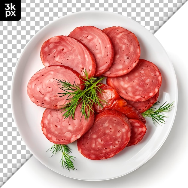 PSD a plate of sausages with a green sprig of parsley on top