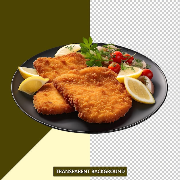 PSD a plate of schnitzel with a lemon slice on the bottom