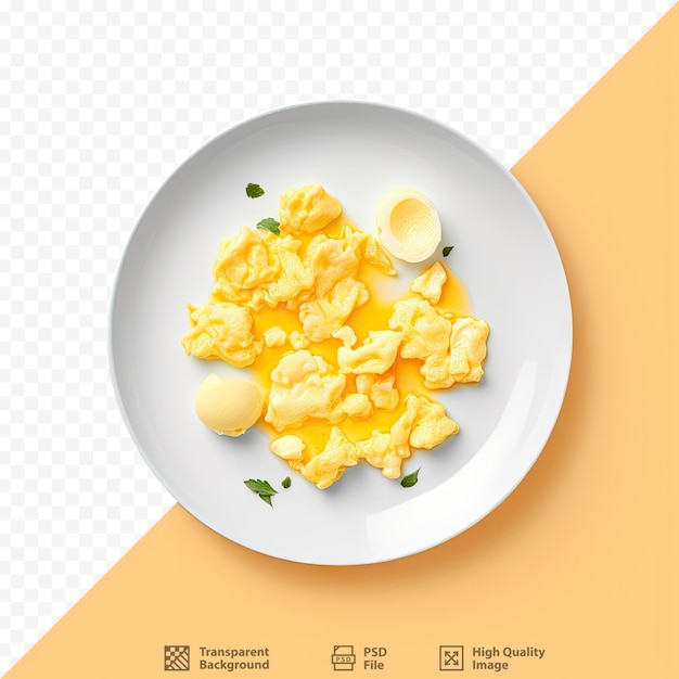 PSD a plate of scrambled eggs with a white bowl of eggs on it.