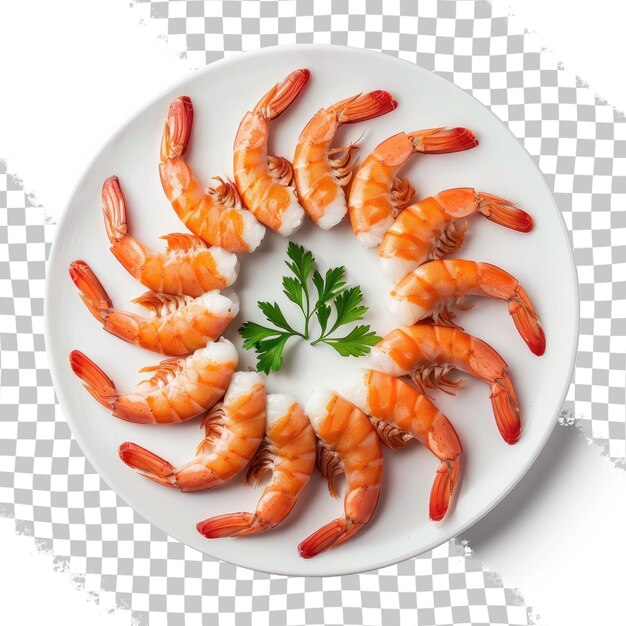 PSD a plate of shrimps with a leaf on top of it