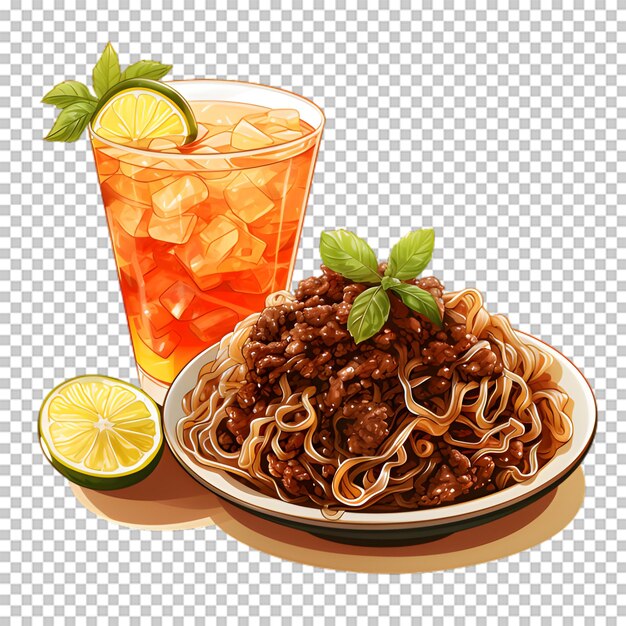 PSD un piatto di spaghetti con carne di manzo isolata su uno sfondo trasparente