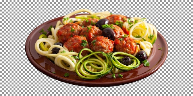 PSD plate of spaghetti with meatballs and zucchini on transparent background