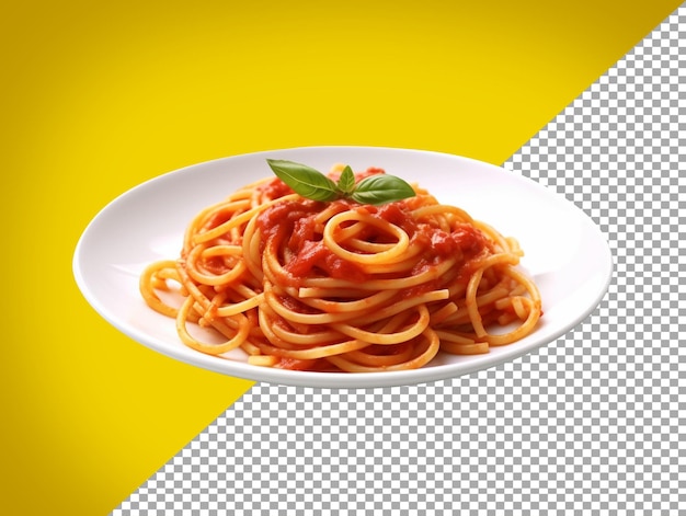 Un piatto di spaghetti con uno sfondo giallo e trasparente