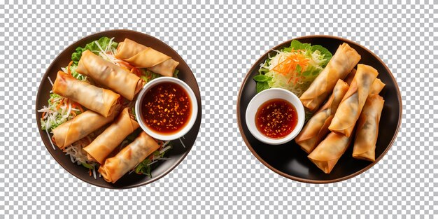 PSD plate of spring rolls with dipping sauce isolated on a transparent background top view