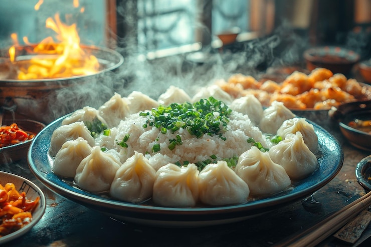PSD 蒸しパンと米と緑の洋<unk>を加えた<unk>の皿.皿は他の料理に囲まれており,背景には火があります.
