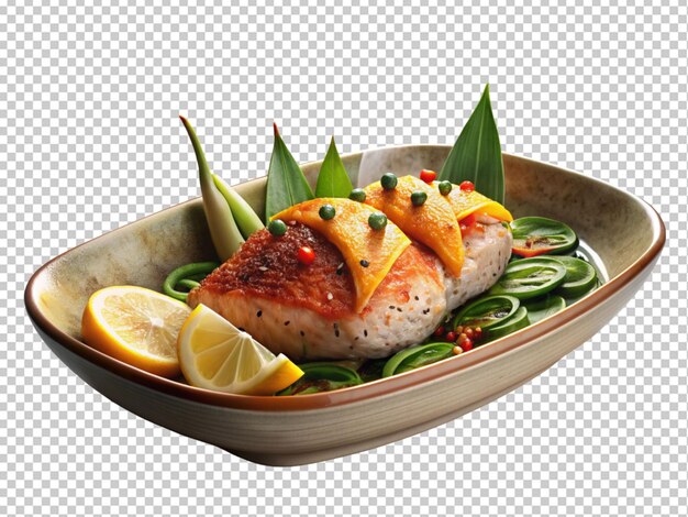 PSD plate of steamed fish with lemons