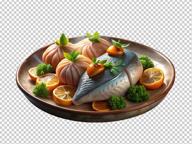 PSD plate of steamed fish with lemons