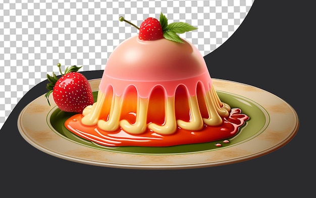 PSD a plate of strawberry pudding with a strawberry on the top