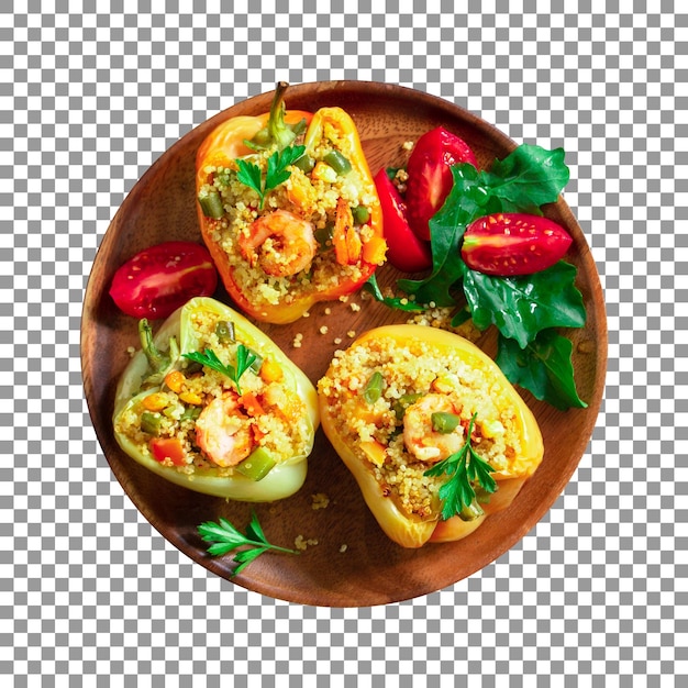 PSD plate of stuffed peppers with shrimps and vegetables on transparent background