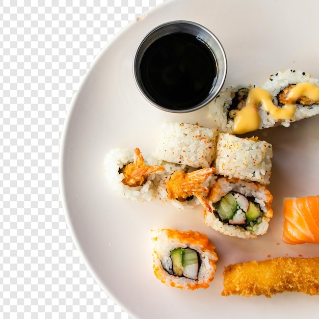 a plate of sushi and sushi with a dipping sauce