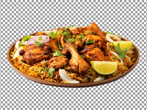 Plate of tasty chicken biryani with leg pieces and vegetable slices on transparent background