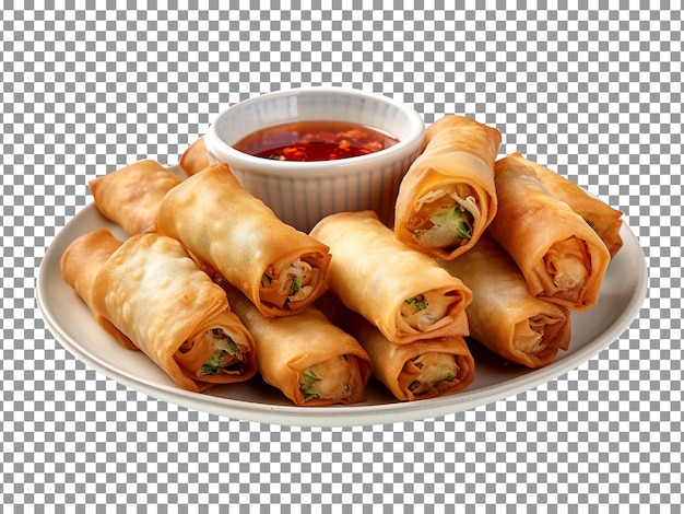 Plate of tasty crispy rolls with sauce on transparent background