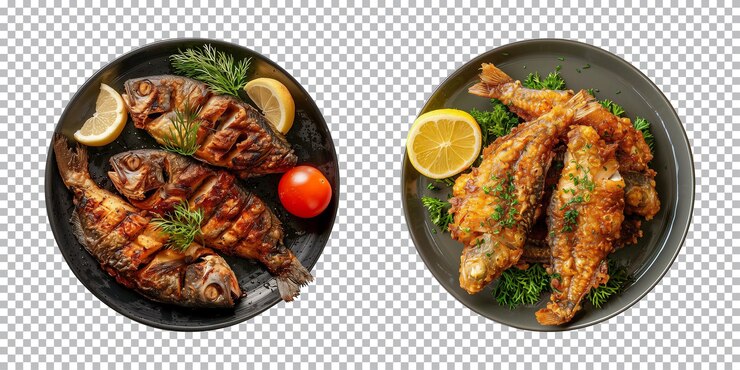 PSD тарелка вкусной жареной рыбы, изолированная на прозрачном фоне, вид сверху, вырезанный из png