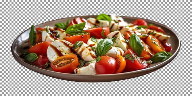 Plate of tasty tomato mozzarella salad on transparent background