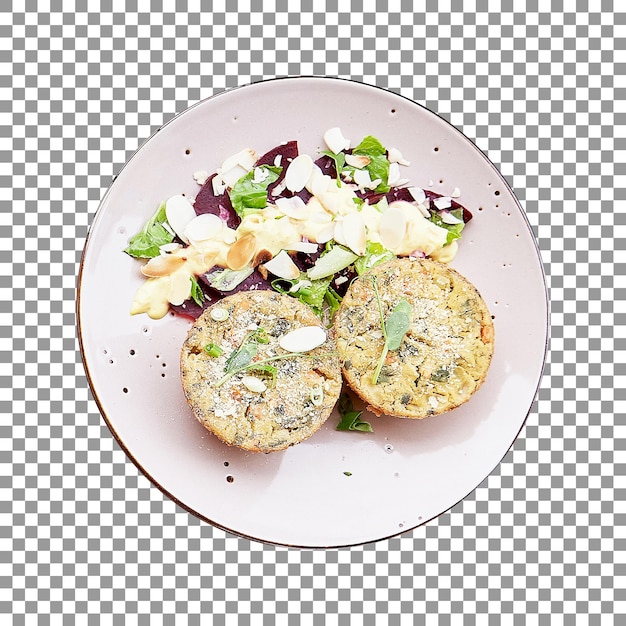 PSD plate of tasty vegan muffins with veg salad on transparent background