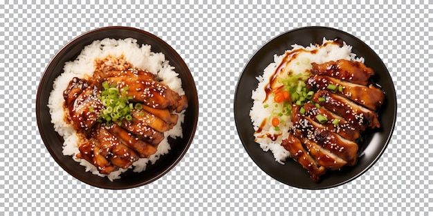 PSD piatto di pollo teriyaki con riso isolato su uno sfondo trasparente vista dall'alto