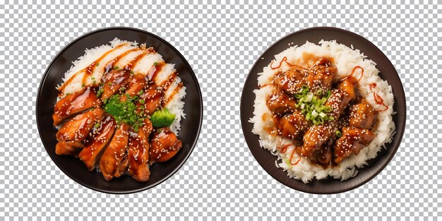 PSD plate of teriyaki chicken with rice isolated on a transparent background top view