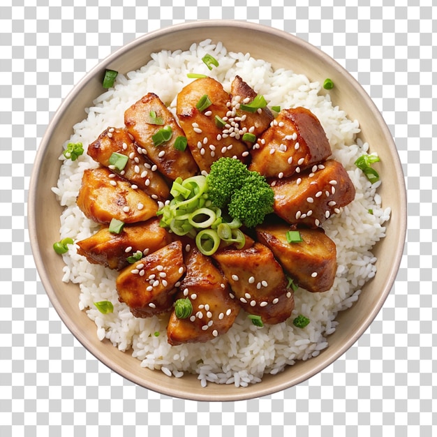 PSD piatto di pollo teriyaki con riso isolato su uno sfondo trasparente