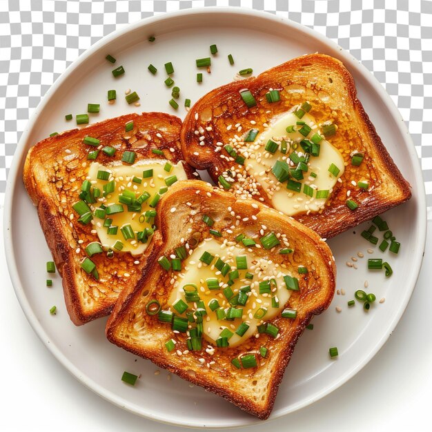 A plate of toast with sesame seeds and onions on it